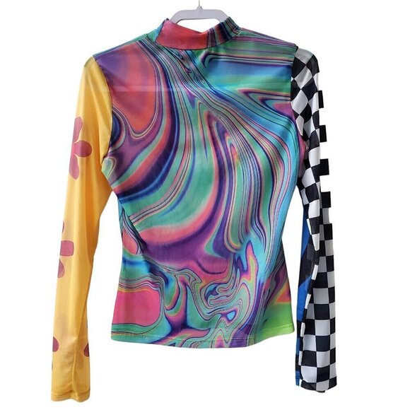 SHEIN Mesh Y2K Love Smiley face Psychedelic Mock Neck Colorblock Graphic Top S - Picture 3 of 11